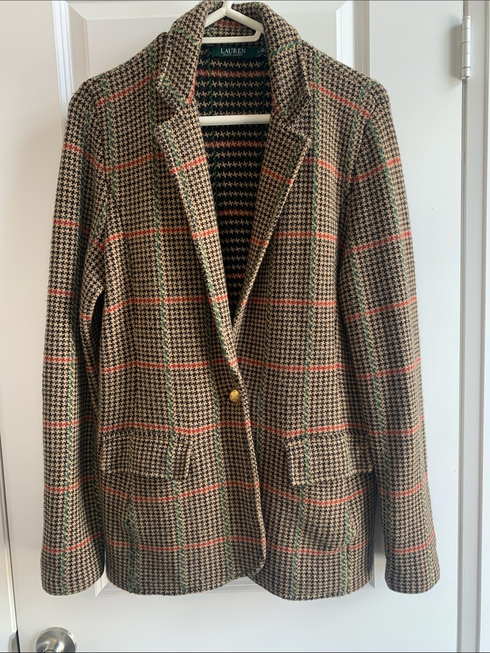 Lauren Ralph Lauren Brown Houndstooth Sweater Blazer with Green & Red Windowpane